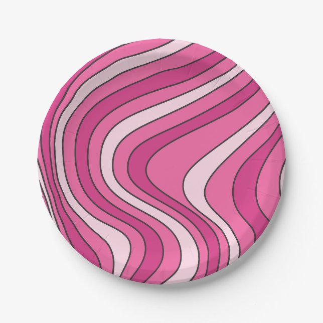 Pink retro style waves paper plates (Front)