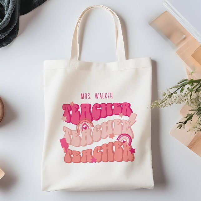 Pink Retro Teacher Appreciation Personalized Tote Bag (Creator Uploaded)