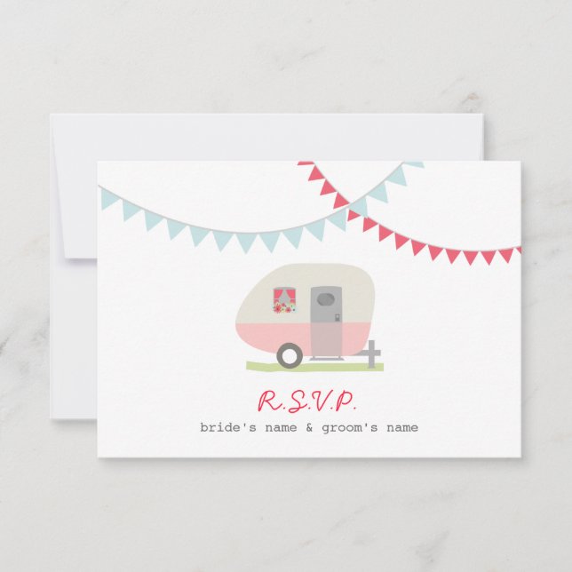 Pink Retro Trailer & Bunting Wedding RSVP (Front)