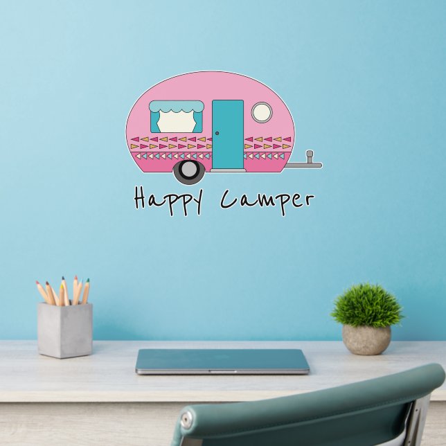 Pink Retro Trailer Happy Camper Wall Decal (Home Office 2)