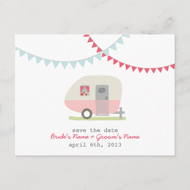 Pink Retro Trailer Wedding Save The Date Postcard (Front)