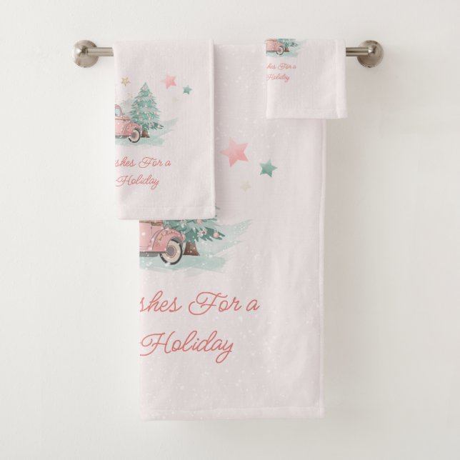 Pink Retro Truck Watercolor Christmas Tree Bath Towel Set (Insitu)