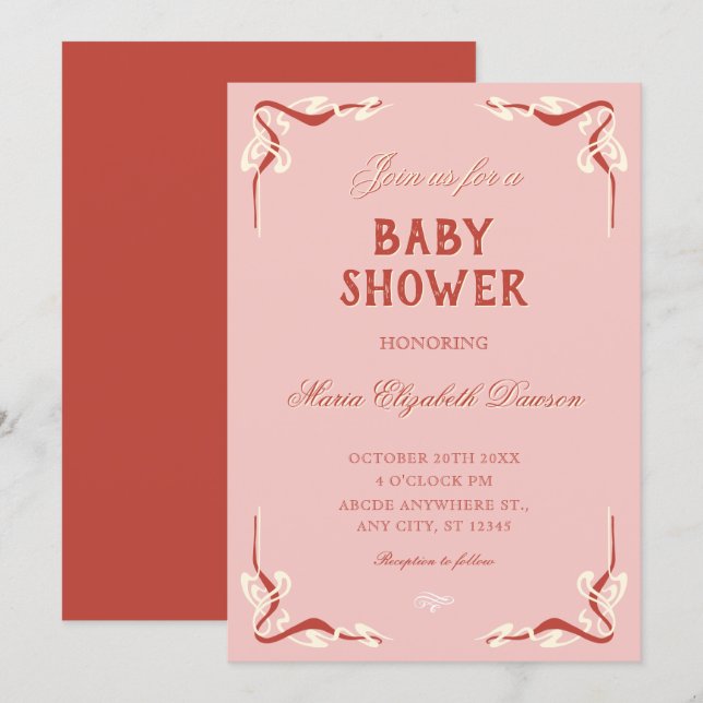 Pink retro vintage baby shower invitation (Front/Back)