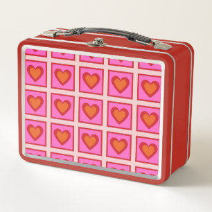 Pink Retro Vintage Checkered Heart Y2K Pattern Metal Lunch Box