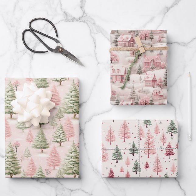 Pink Retro Vintage Christmas Holiday Wrapping Paper Sheets (Front)