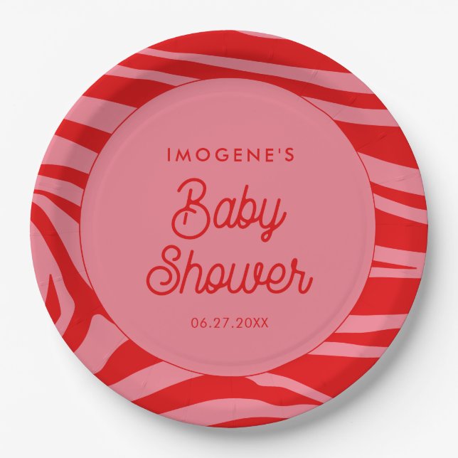 Pink Retro vintage script Baby shower Paper Plates (Front)