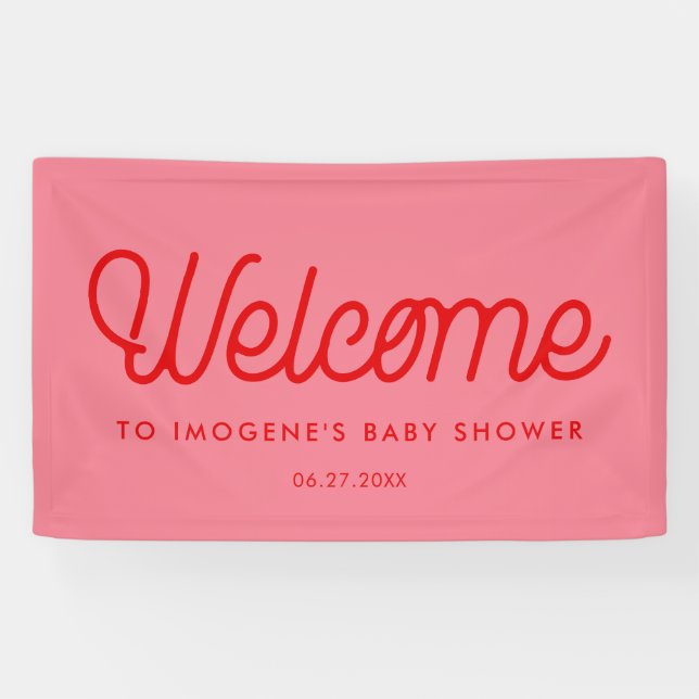 Pink Retro vintage script Baby shower Welcome Banner (Horizontal)