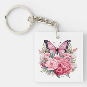Pink Retro Watercolor Butterfly & Flowers Keychain