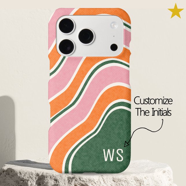 Pink Retro Wavy Stripes Custom Initial Monogram iPhone Case (Creator Uploaded)