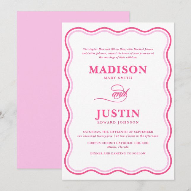 Pink Retro Wavy Wedding Invitation (Front/Back)