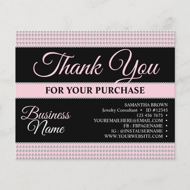 Pink Rhinestone Jewelry Thank You Insert (Front)