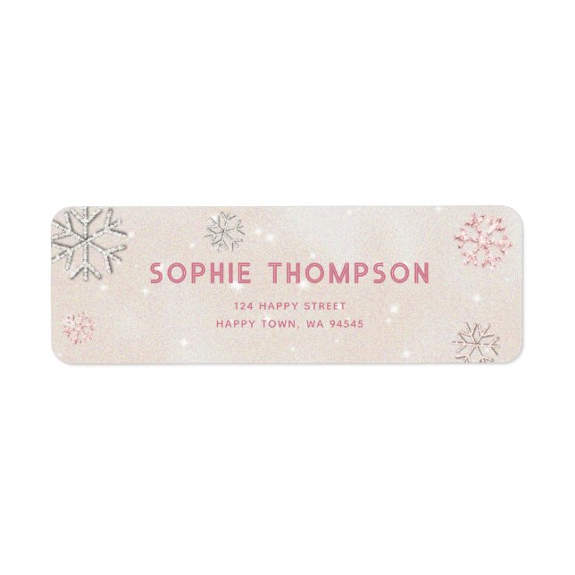 Pink Rhinestones Glitter Winter Snowflakes Elegant Label (Front)