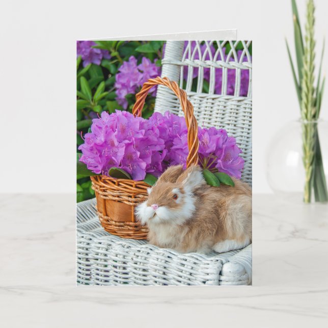 pink rhododendron bouquet and bunny on chair card (Front)