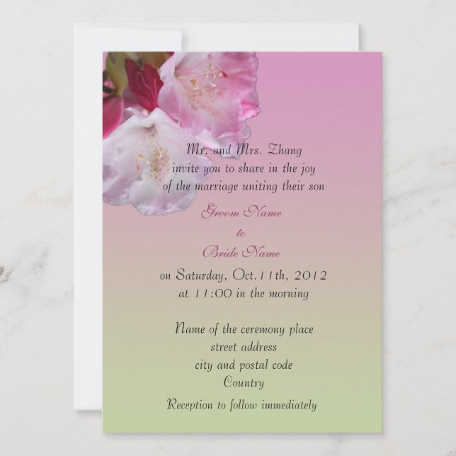 pink rhododendron flower wedding invitation (Front)