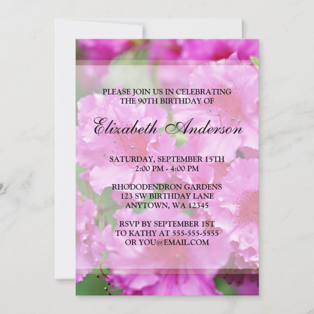 Pink Rhododendron Flowers 90th Birthday Party Invitation (Front)