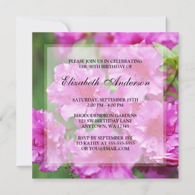 Pink Rhododendron Flowers 90th Birthday Party Invitation (Front)