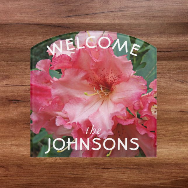 Pink Rhododendron with Family Name Floral Welcome Door Sign (In Situ)