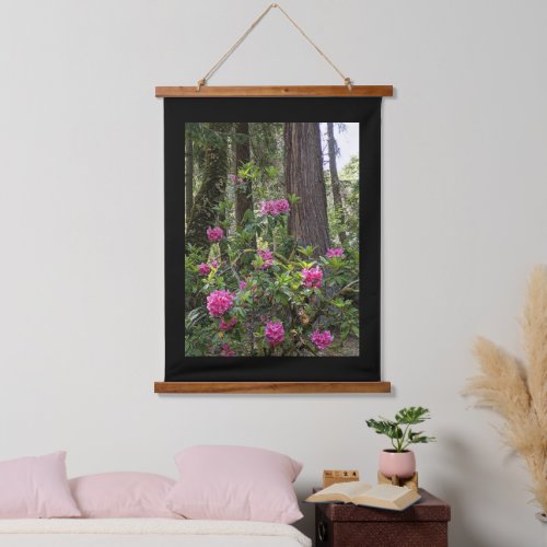 Pink Rhododendrons in Forest with Black Border Hanging Tapestry