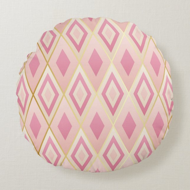 Pink rhombus shapes geometric seamless pattern round pillow (Front)