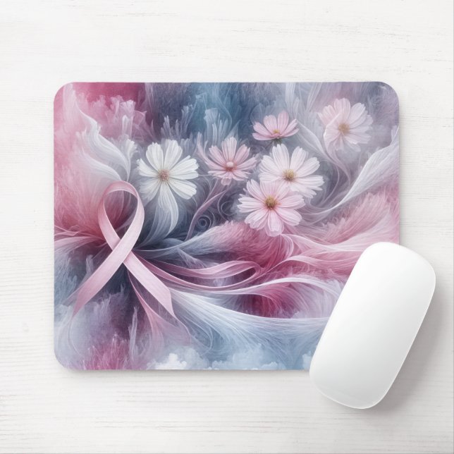 Pink Ribbon And Cosmos Flowers Mouse Pad (With Mouse)