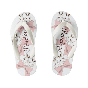 Pink Ribbon and Cute Twin Bunny Custom Kid's Flip Flops