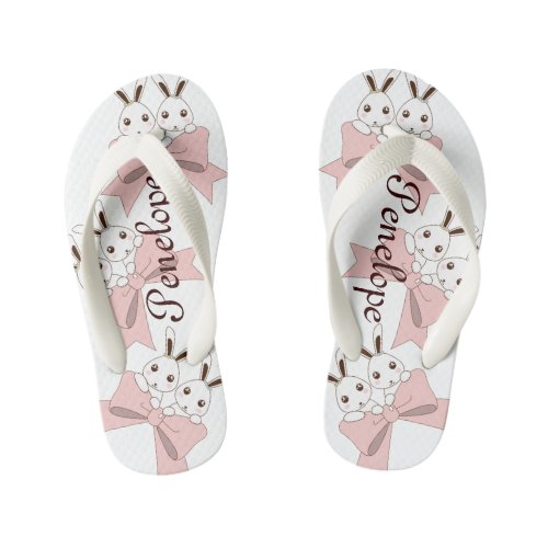 Pink Ribbon and Cute Twin Bunny Custom Kids Flip Flops