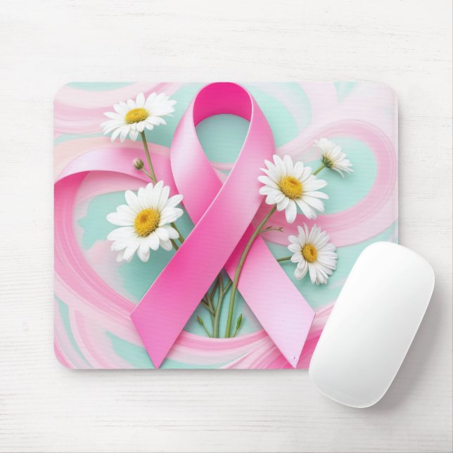 Pink Ribbon and Daisies Breast Cancer Awareness Mouse Pad (With Mouse)