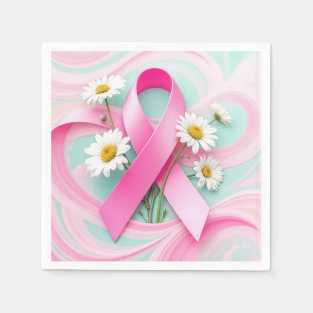 Pink Ribbon and Daisies Breast Cancer Awareness Napkins (Front)