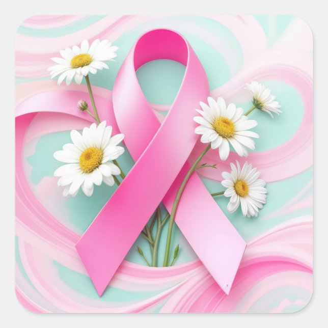 Pink Ribbon and Daisies Breast Cancer Awareness Square Sticker (Front)