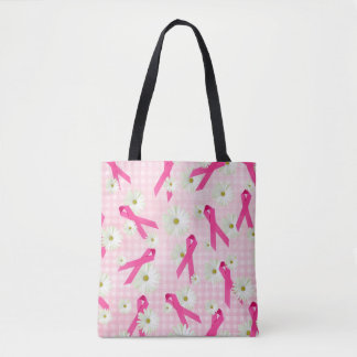 pink ribbon and daisies on gingham tote bag