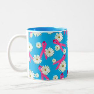 pink ribbon and daisy design Two-Tone coffee mug