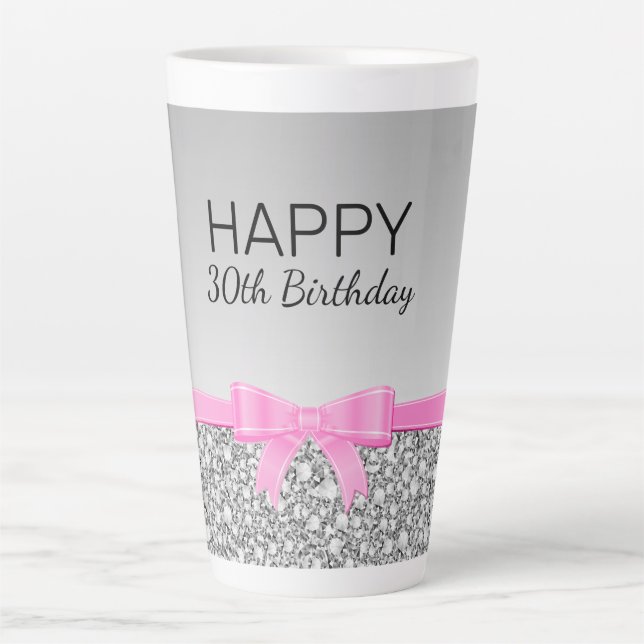 Pink Ribbon And Gray Glitter Birthday Latte Mug (Front)
