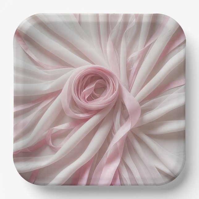 Pink Ribbon and Tulle Abstract Paper Plates (Front)