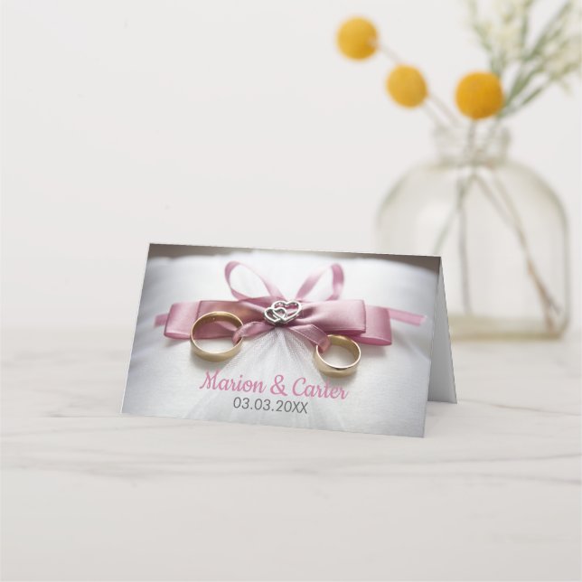 Pink Ribbon And Wedding Rings Place Card (Back)