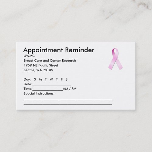 Pink Ribbon Appointment Reminder Business Card