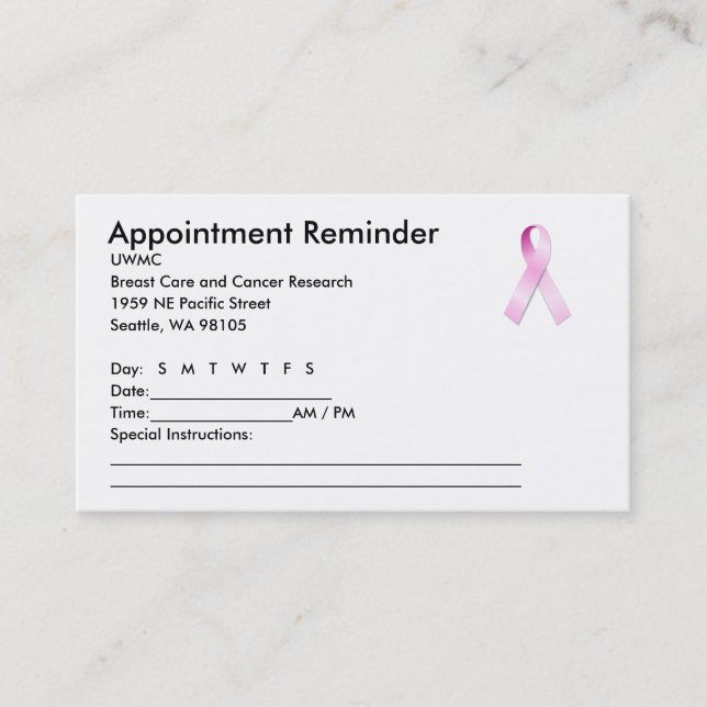 Pink Ribbon Appointment Reminder Card (Front)