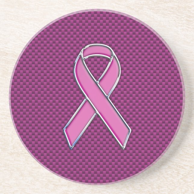 Pink Ribbon Awareness Fuchsia Carbon Fiber Sandstone Coaster (Front)