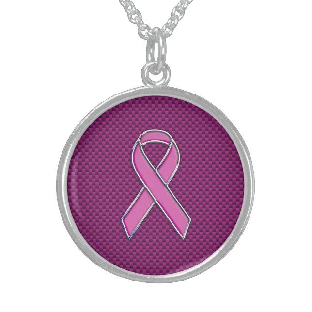 Pink Ribbon Awareness Fuchsia Carbon Fiber Sterling Silver Necklace (Front)