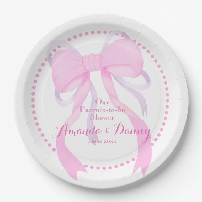 Pink Ribbon Baby Boy Shower  Paper Plates (Front)