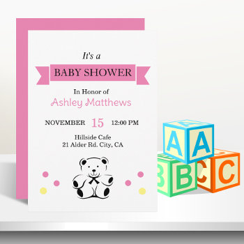 Pink Ribbon Banner Baby Shower  Invitation by studioart at Zazzle