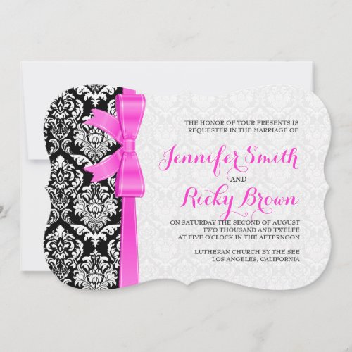 Pink Ribbon Black And White Damasks Wedding Invitation