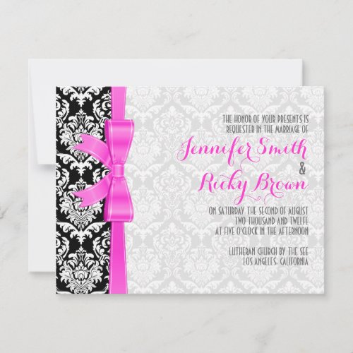 Pink Ribbon Black And White Damasks Wedding Invitation