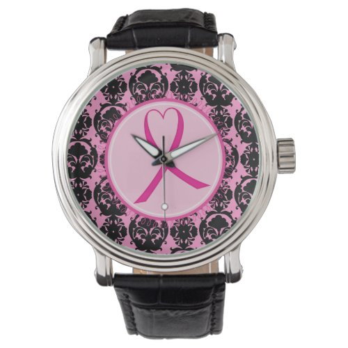 Pink Ribbon Black Damask Breast Cancer Awareness Watch