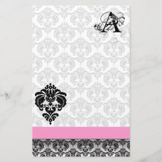 Pink Ribbon Black Damask Monogram Recycled Paper