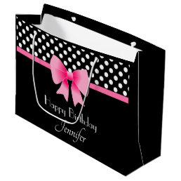 Pink Ribbon Black &amp; White Polka Dots Birthday Large Gift Bag