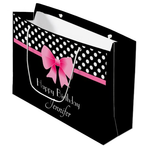 Pink Ribbon Black  White Polka Dots Birthday Large Gift Bag