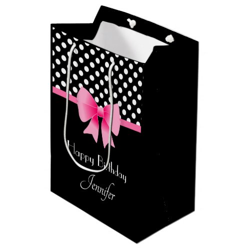Pink Ribbon Black  White Polka Dots Birthday Medium Gift Bag