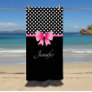 Pink Ribbon Black & White Polka Dots Name Beach Towel