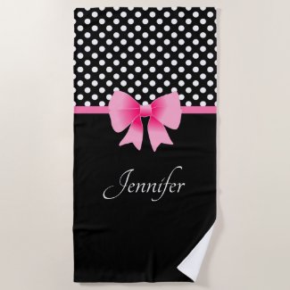 Pink Ribbon Black & White Polka Dots Name
