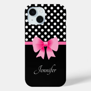 Pink Ribbon Black & White Polka Dots Name iPhone 15 Case